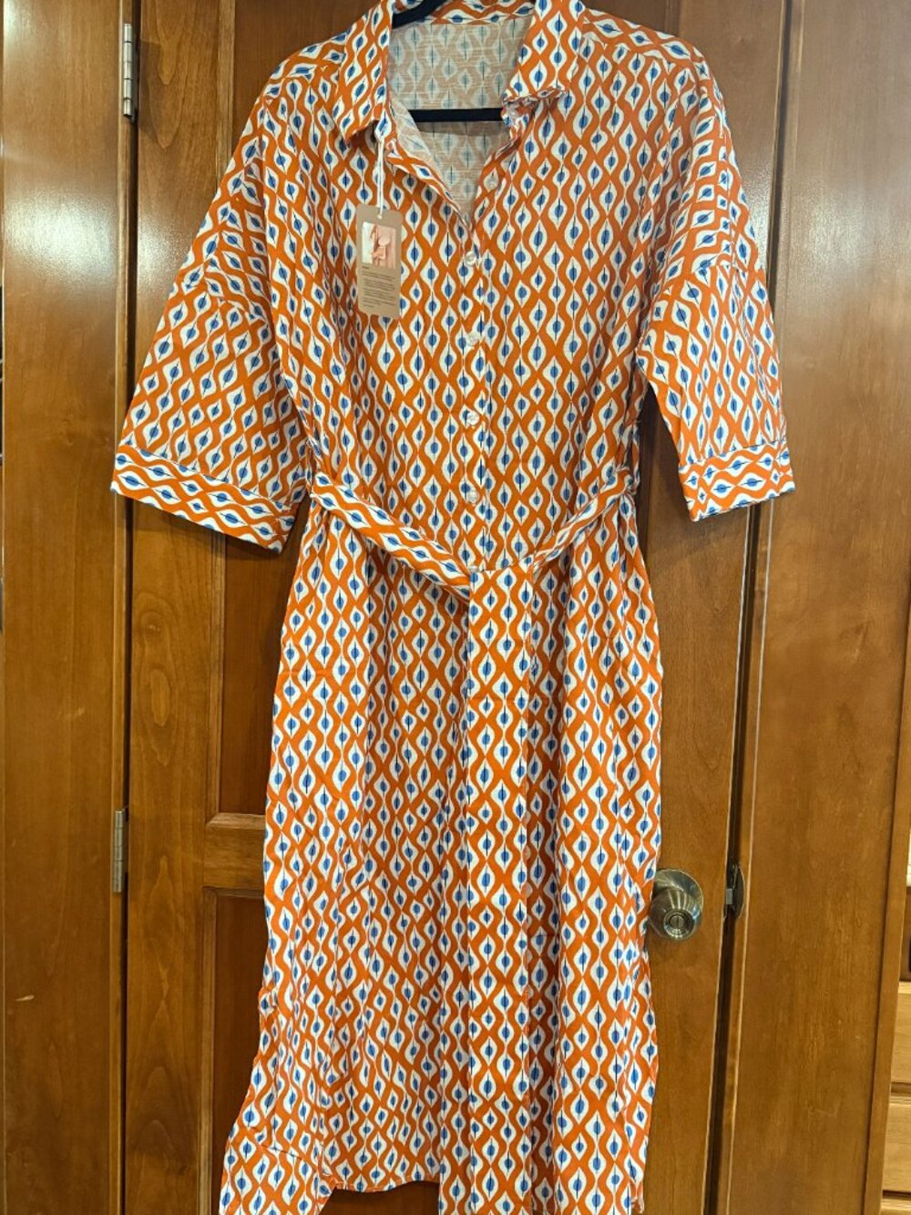 Casual Lapel 3/4 Sleeve Button Down Split Belted Vacation Maxi Dress